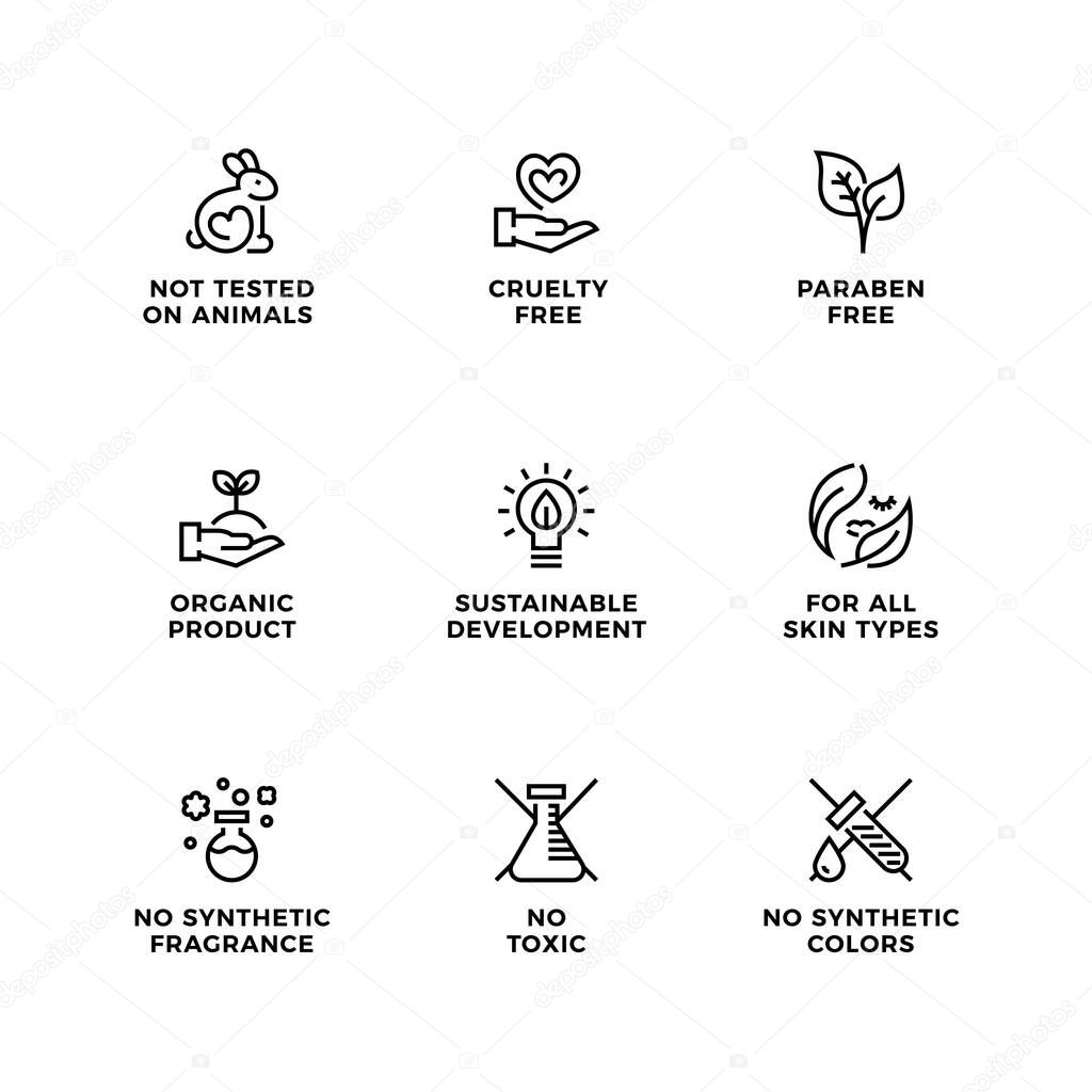 Vector set of design elements, logo design, template icons and badges for natural and organic cosmetic. Cruelty free, not tested on animals, paraben free, gluten free. Line icon set, editable stroke.