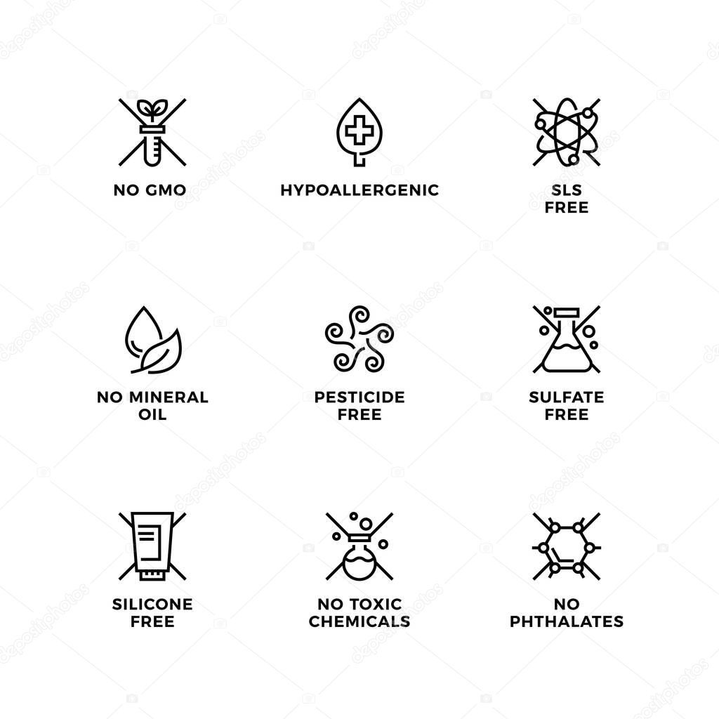 Vector set of design elements, logo design template, icons and badges for natural and organic cosmetic. SLS free, sulfate free, silicone free, no mineral oil. Line icon set, editable stroke.
