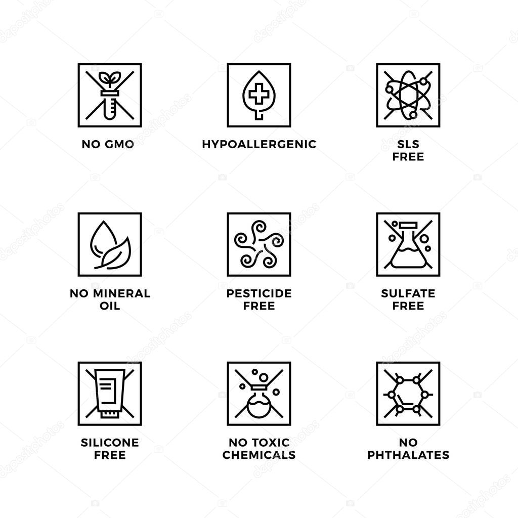Vector set of design elements, logo design template, icons and badges for natural and organic cosmetic. SLS free, sulfate free, silicone free, no mineral oil. Line icon set, editable stroke.