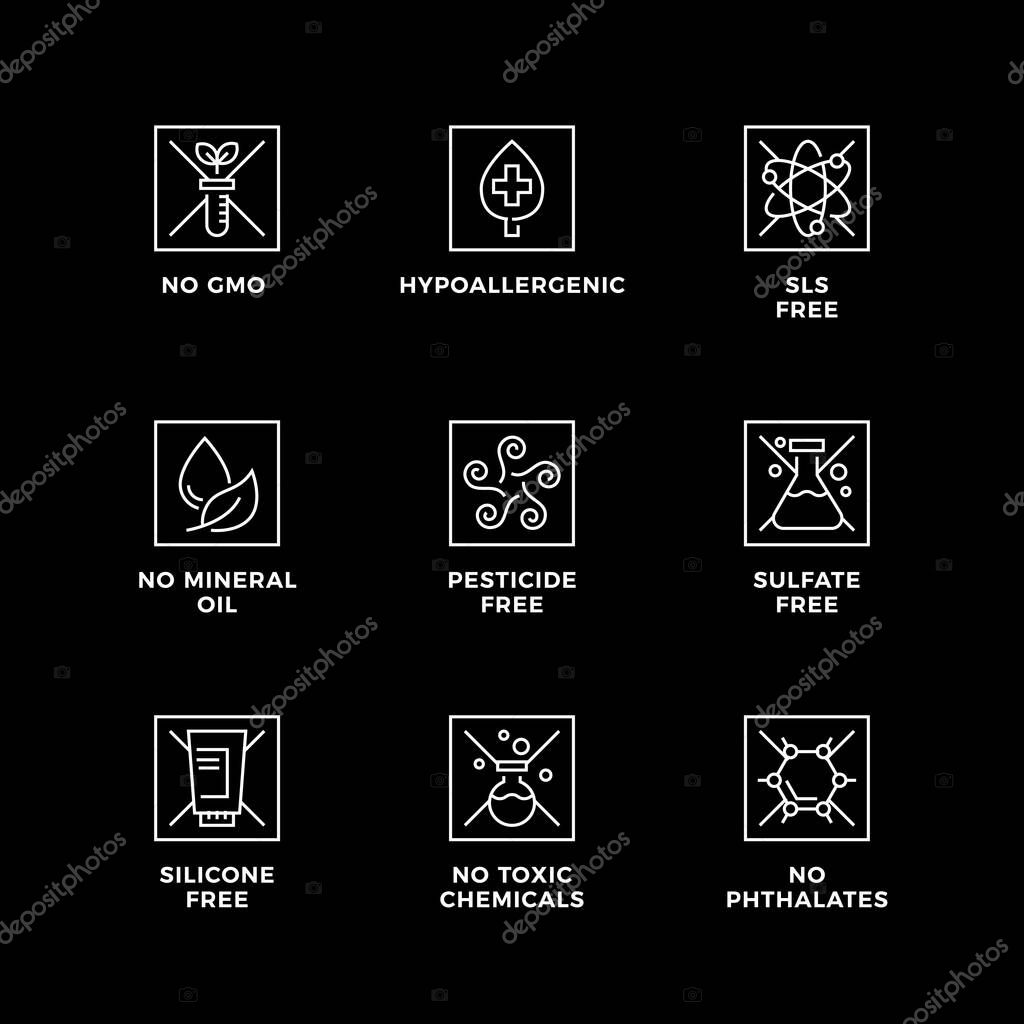 Vector set of design elements, logo design template, icons and badges for natural and organic cosmetic. SLS free, sulfate free, silicone free, no mineral oil. Line icon set, editable stroke.