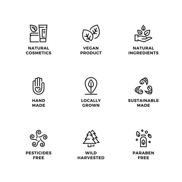 Vector set of design elements, logo design template, icons and badges for eco and bio products. Black and white, line icon set, editable stroke.