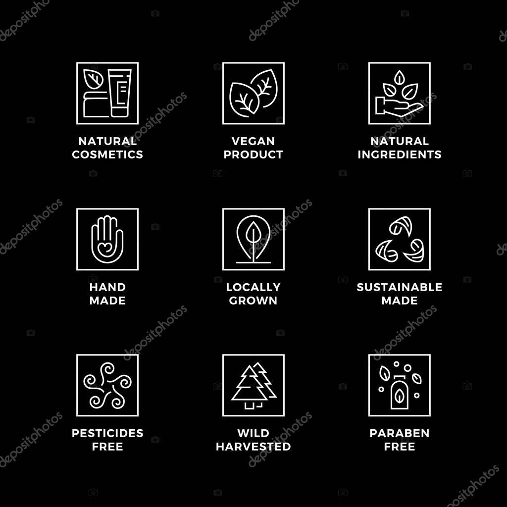 Vector set of design elements, logo design template, icons and badges for eco and bio products. Black and white, line icon set, editable stroke.