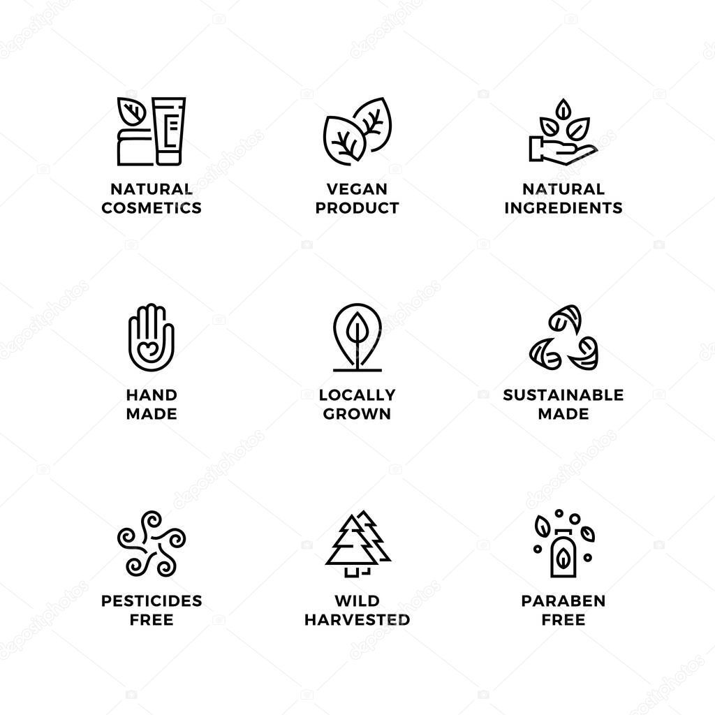 Vector set of design elements, logo design template, icons and badges for eco and bio products. Black and white, line icon set, editable stroke.