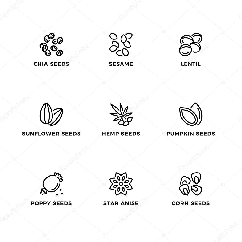 Vector set of design elements, logo design template, icons and badges for seeds. Line icon set, editable stroke.