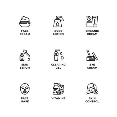 Cilt bakımı için vektör dizayn elementleri, logo dizayn şablonu, simgeler ve rozetler. Satır simgesi ayarlandı, düzenlenebilir vuruş.