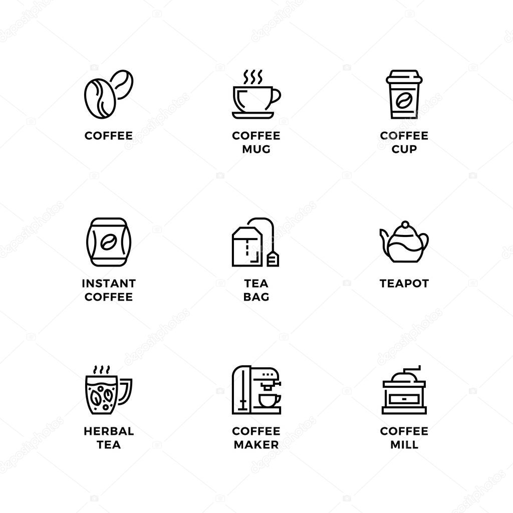 Vector set of design elements, logo design template, icons and badges for coffee and tea. Line icon set, editable stroke.