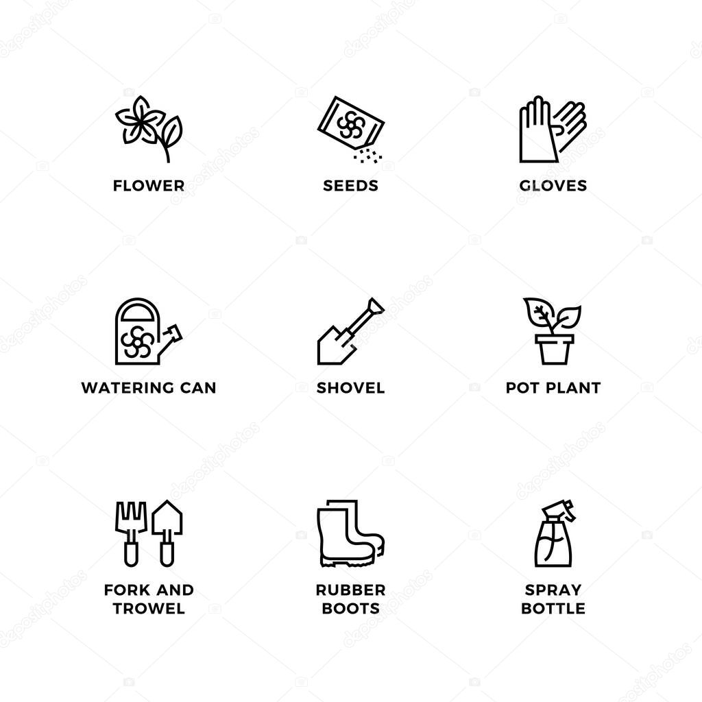 Vector set of design elements, logo design template, icons and badges for garden. Line icon set, editable stroke.