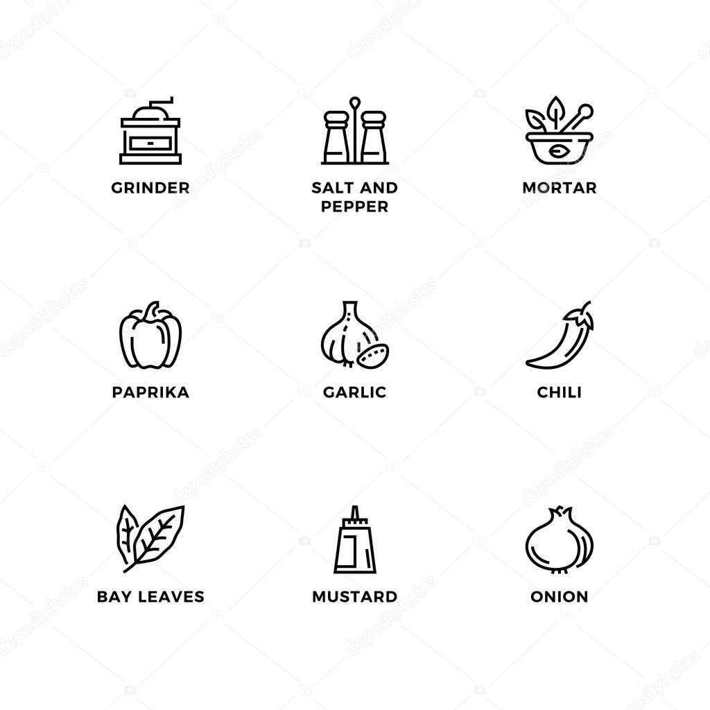 Vector set of design elements, logo design template, icons and badges for herbs and spices. Line icon set, editable stroke.