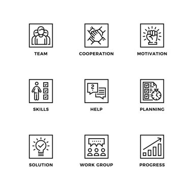 Takım çalışması için vektör dizayn elemanları, logo dizayn şablonu, simgeler ve rozetler. Satır simgesi ayarlandı, düzenlenebilir vuruş.