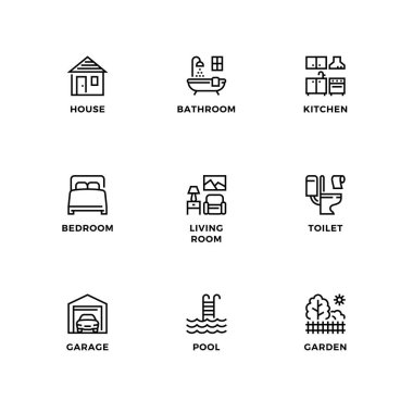 Tasarım elementleri, logo dizayn şablonu, ev için simgeler ve rozetler. Satır simgesi ayarlandı, düzenlenebilir vuruş.