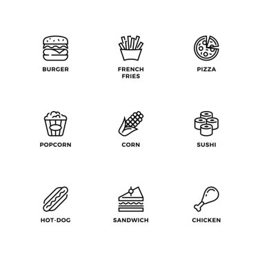 Fast food için vektör dizayn elementleri, logo dizayn şablonu, simgeler ve rozetler. Satır simgesi ayarlandı, düzenlenebilir vuruş.