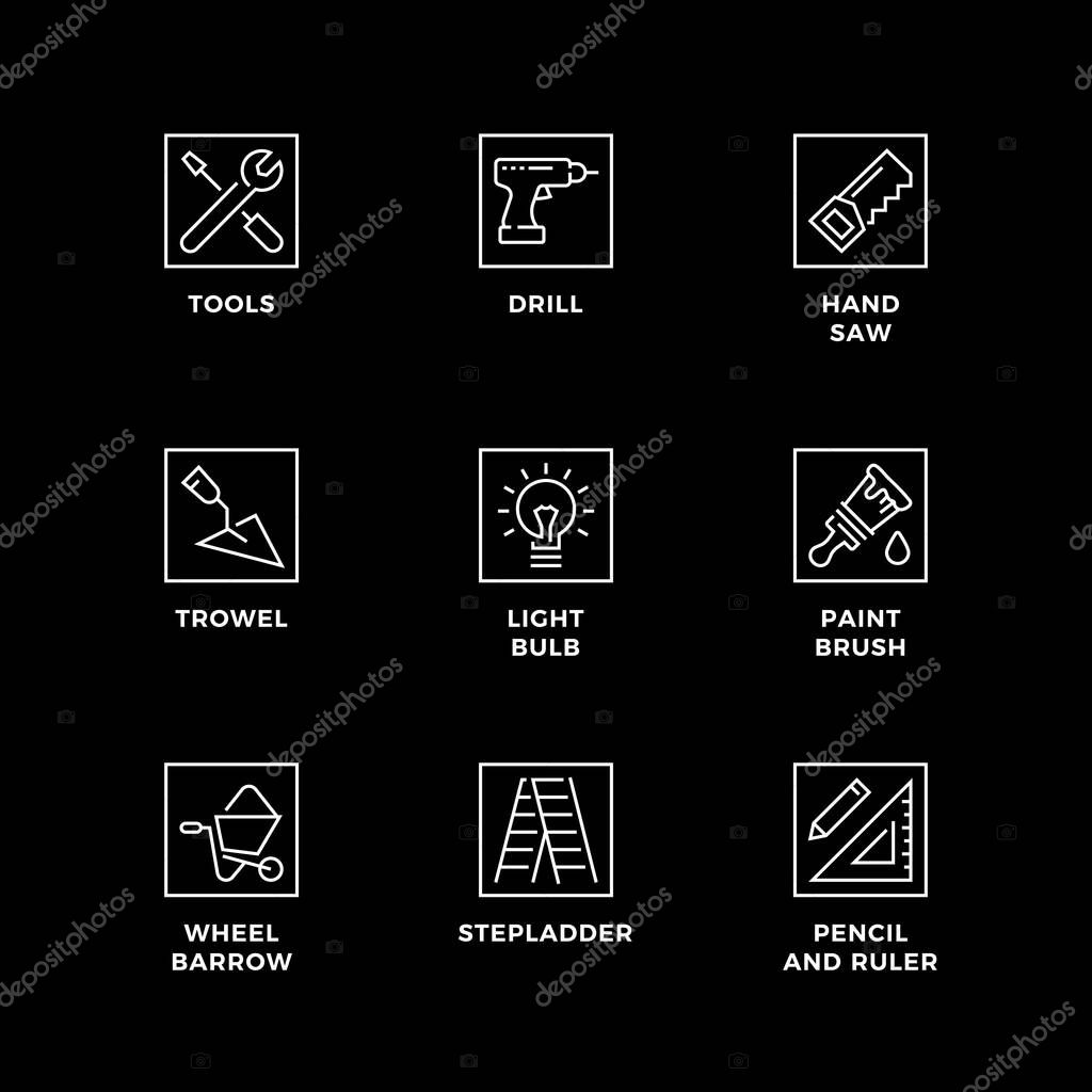 Vector set of design elements, logo design template, icons and badges for construction. Line icon set, editable stroke.