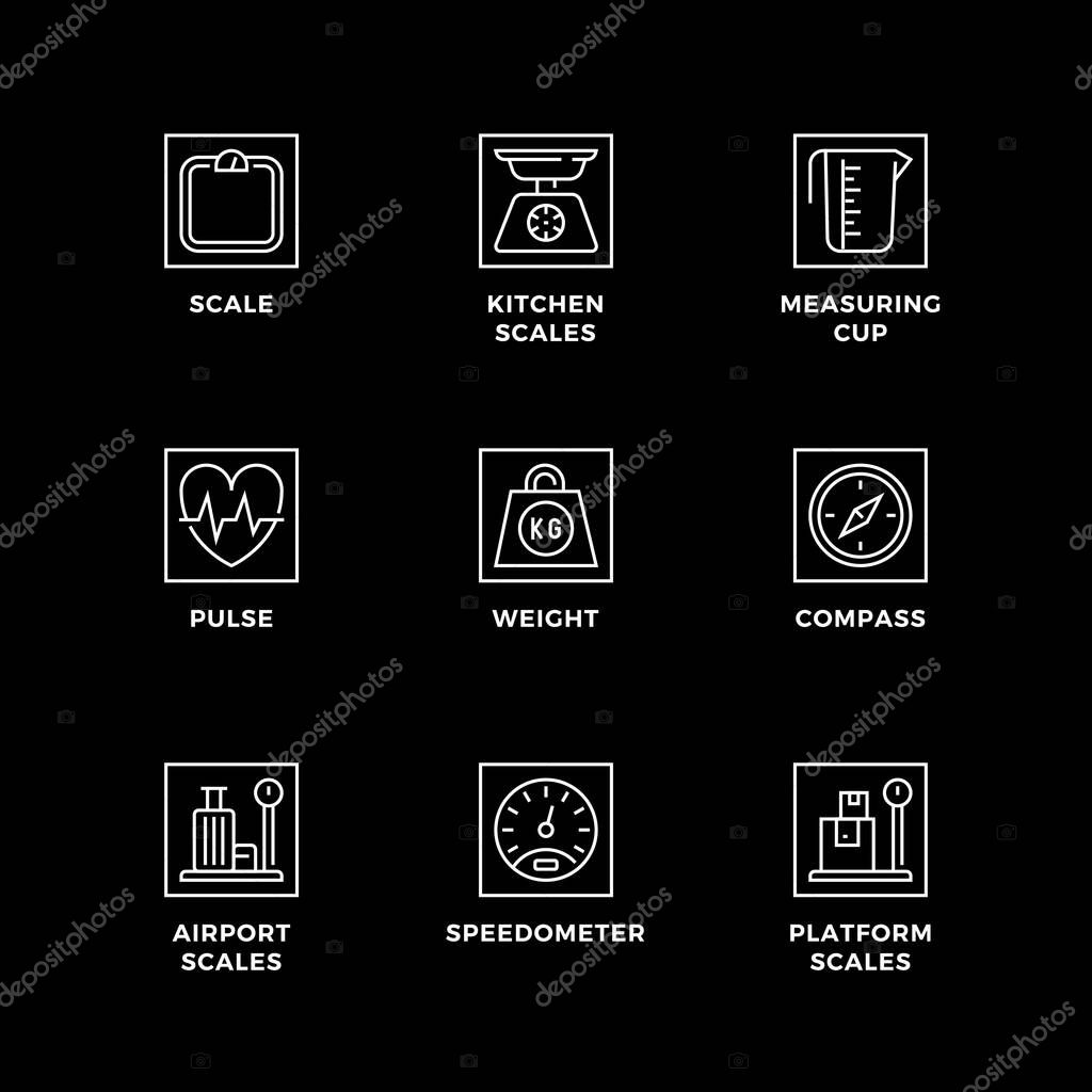 Vector set of design elements, logo design template, icons and badges for measuring. Line icon set, editable stroke.