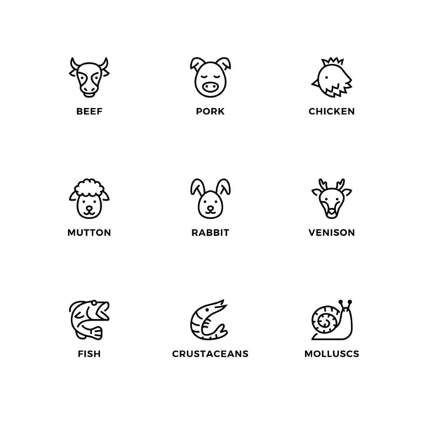 各种肉类和食品的设计元素 标志设计模板 图标和徽章的向量集 线条图标集 可编辑笔划 — 图库矢量图片