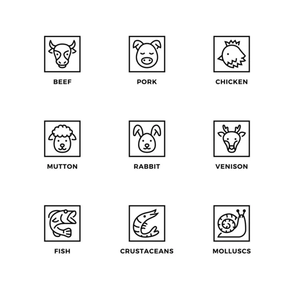 肉や食品の種類のためのデザイン要素 ロゴデザインテンプレート アイコンやバッジのベクトルセット ラインアイコンセット 編集可能なストローク — ストックベクタ