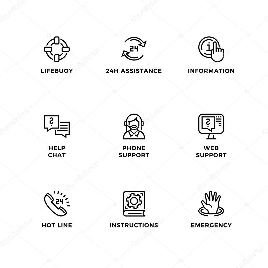 Vector set of design elements, logo design template, icons and badges for help and support. Line icon set, editable stroke.