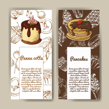 Elle çizilmiş tatlılar ile Vektör posteri. Lezzetli yemekler. Dekoratif arka plan. Güzel kart