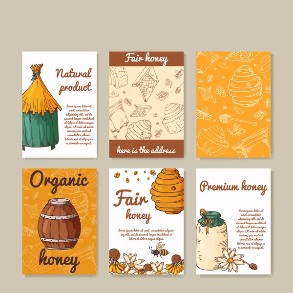 Vektorkarte mit Honigelementen. Vorlage für Menü, Plakat, Karte. Hintergrund mit hilfloser Nahrungsmittelproduktion. — Stockvektor