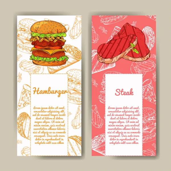 Cafe menu with hand drawn design. Fast food restaurant menu template. Set of cards for corporate identity. Vector illustration — Stock Vector