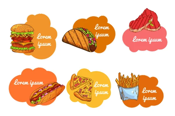 Restauration rapide. Illustration à la main. Design burger vintage. Éléments alimentaires américains colorés — Image vectorielle