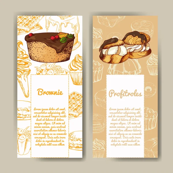 Vector poster with hand-drawn desserts. Delicious food. Decorative background. Beautiful card — Stock Vector