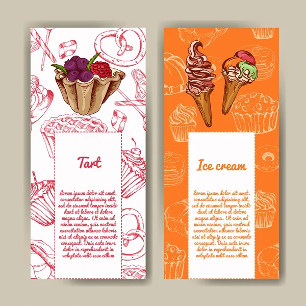 Elle çizilmiş tatlılar ile Vektör posteri. Lezzetli yemekler. Dekoratif arka plan. Güzel kart