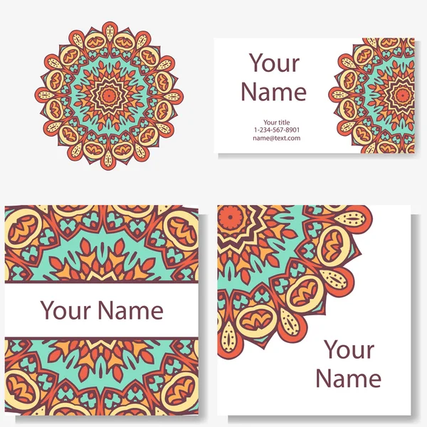 ビジネス カードのセットです。マンダラでレトロなスタイルのビンテージ パターン。手描きイスラム教、アラビア語、インド、レース パターン — ストックベクタ