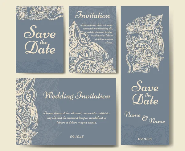 Uppsättning av bröllopinbjudningar. Bröllop kort mall med individuella koncept. Design för inbjudan, tack-kort, spara datum kortet. — Stock vektor