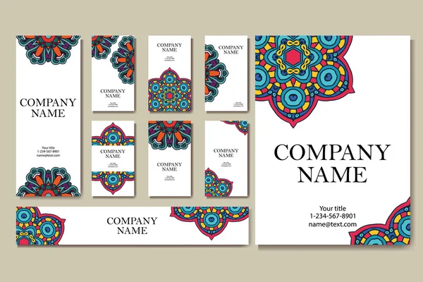 Set of  business cards. Vintage pattern in retro style with mandala. Hand drawn Islam, Arabic, Indian, lace pattern — Stock Vector