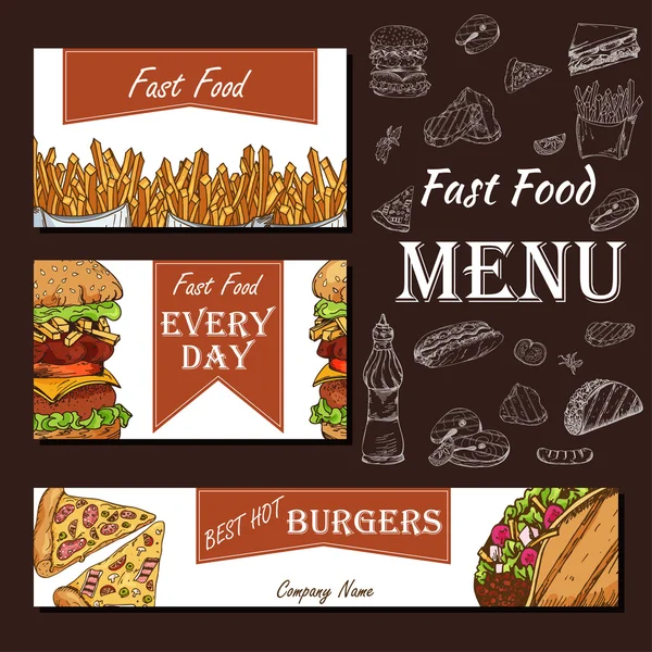 Cafe menu met hand getrokken ontwerp. Fast food restaurant menusjabloon. Set van kaarten voor de huisstijl. Vectorillustratie — Stockvector