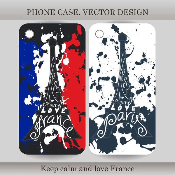 Telefoon gevaldekking met hand getekende Frankrijk illustratie. Ontwerp met vlag, bouw en belettering voor gadget. Vector illustratie — Stockvector