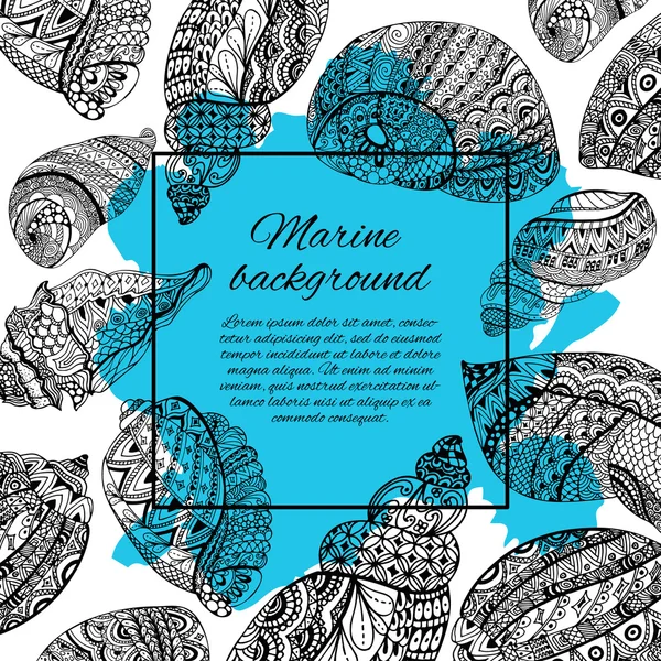 Projeto de conchas marinhas desenhadas à mão para cartão postal, banner, cartão. Fundo vetorial com elementos doodle concha do mar. Desenho ilustração — Vetor de Stock