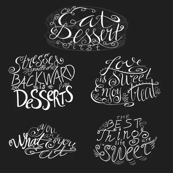 Set di virgolette vettoriali tipografiche disegnate a mano su sfondo lavagna. Lettering collezione di prodotti da forno. Poster con saluto. Design tipografico con slogan creativo — Vettoriale Stock