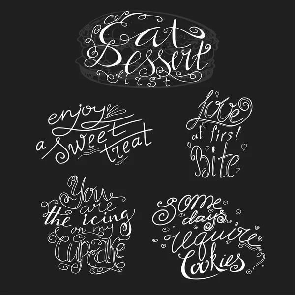 Set of vector quotes hand drawn typographical on chalkboard background. Lettering bakery collection. Poster with greeting.Typographical design with creative slogan — Stock Vector