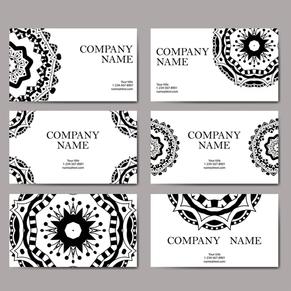 Set of business cards. Vintage pattern in retro style with mandala. Hand drawn Islam, Arabic, Indian, lace pattern — Stock Vector