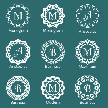 Yaratıcı monogramlar seti. İş kimliği için şablon süs satırı tasarımı. Vektörde soyut amblemler