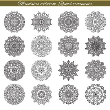 Dekoratif etnik mandalalar kümesi. Anahat süsleme yalıtır. İslam ile vektör tasarımı, Hint, Arap motifleri.