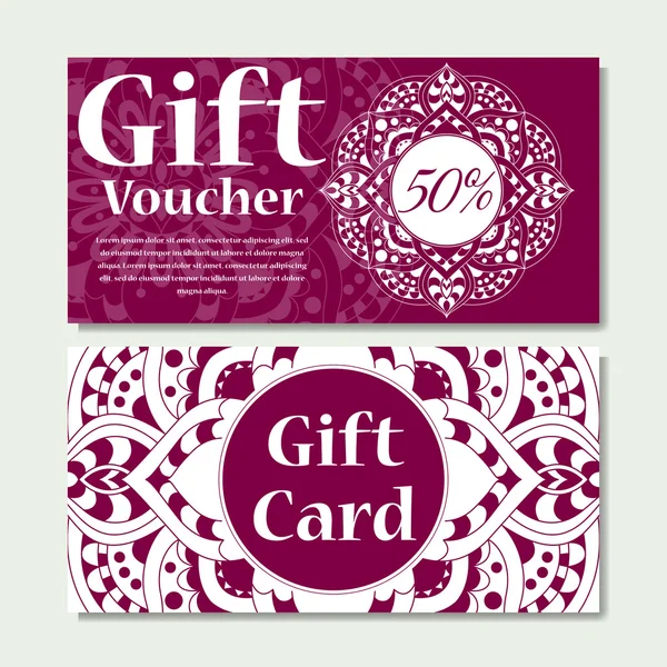 Gift voucher template with mandala. Design certificate for sport center, magazine or etc. Vector gift coupon with ornament on background. — Stock Vector