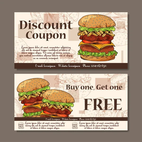 Modello di voucher design. Stile moderno per caffè, ristorante. Coupon per la vendita al cliente. Illustrazione del fast food vettoriale . — Vettoriale Stock