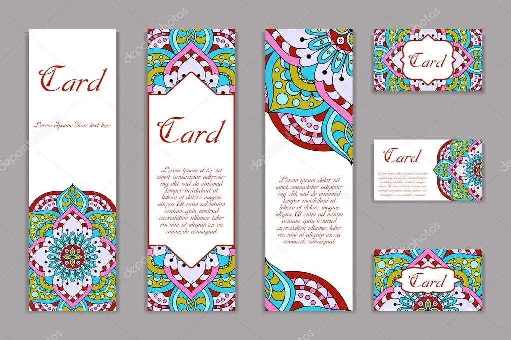 Invitation mandala design template. Graphic card with hand drawn ornament. Colorful eastern floral decor for greetings, wedding invitations, party cards