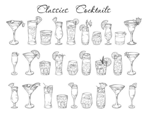 Cócteles dibujados a mano en estilo boceto. Bebidas alcohólicas en diferentes vidrios aislados sobre fondo blanco.Elementos de bebidas para menú de bar o póster. Ilustración vectorial — Vector de stock