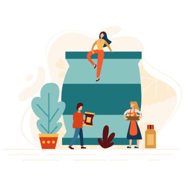 Çiftçi iyi hasat için toprağı gübreliyor. İşçi gübre bahçesiyle beslenir. Minicik insanlarla modern düz konsept. Vektör illüstrasyonu.