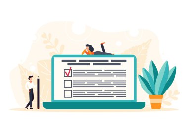 Character filling online survey form on huge laptop screen. Business concept with tiny people. Internet questionnaire form. Flat vector illustration clipart