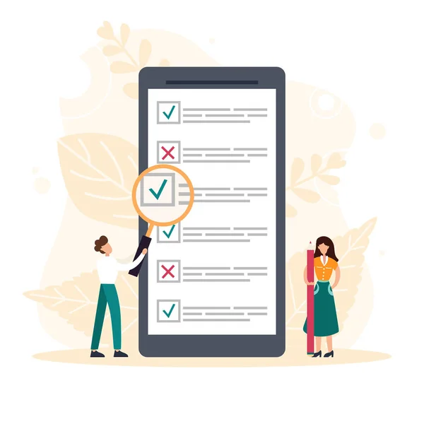 Osoby wypełniające formularz ankiety online na ekranie mobilnym. Mała osoba ze szkłem powiększającym w pobliżu gigantycznej listy kontrolnej. Opinie klientów, szybkość obsługi. Ilustracja wektora płaskiego — Wektor stockowy