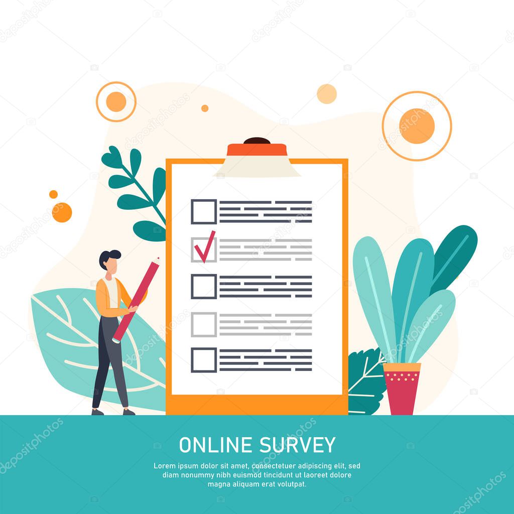 Online survey business concept with tiny people. Internet questionnaire form. Man fills out the giant clipboard checklist and check mark ticks. Flat vector illustration