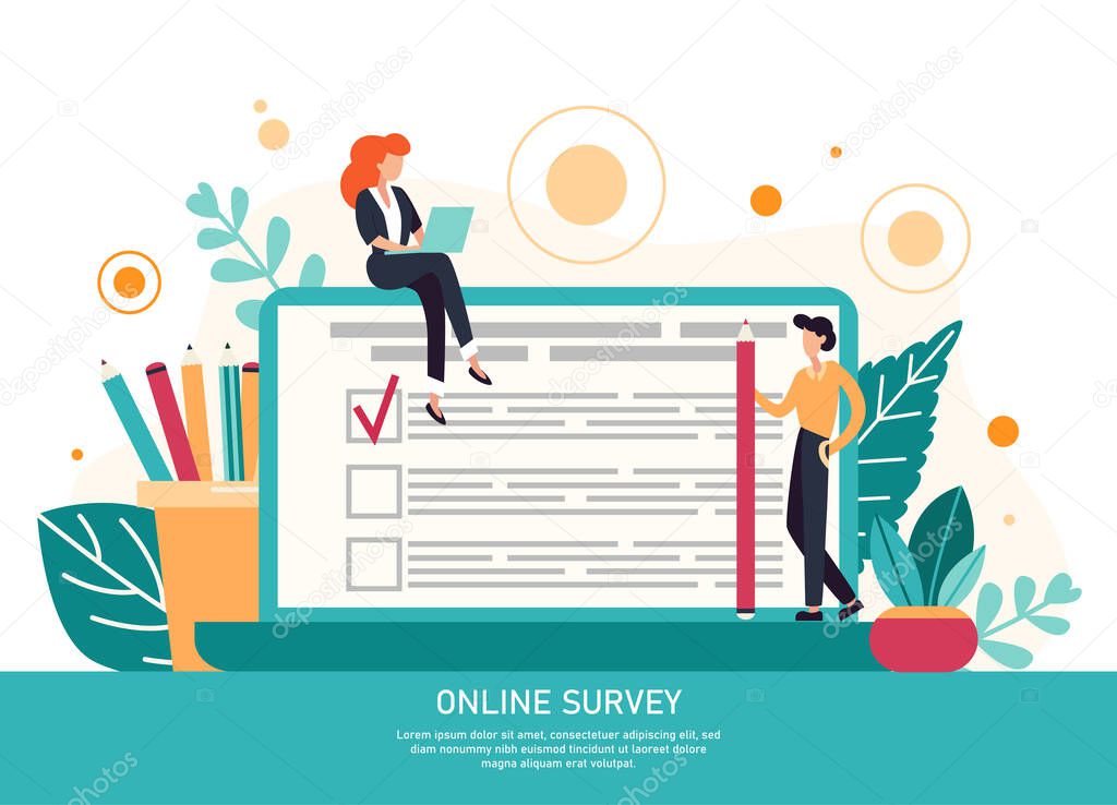 Character filling online survey form on huge laptop screen. Business concept with tiny people. Internet questionnaire form. Flat vector illustration