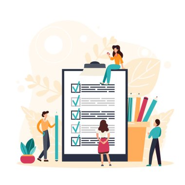 Pano kağıdında işaretlenmiş dev kalemli bir iş adamı. Görevlerin başarıyla tamamlanması. Düz vektör illüstrasyonu