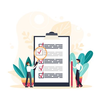 Kalıplı kontrol listesi, panoda anketi olan iş adamı. Planlama programı konsepti. Düz Vektör İllüstrasyonu