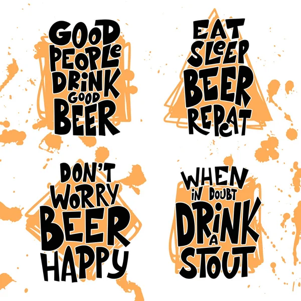 Set of Beer hand drawn posters. Alcohol conceptual handwritten quotes. Funny slogan for pub or bar. Vector illustration — Vector de stock