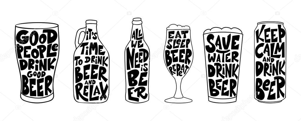 Set of Funny inspirational quotes about beer with hand lettering for pubs. Hand drawn vintage poster with mug. Vector illustration